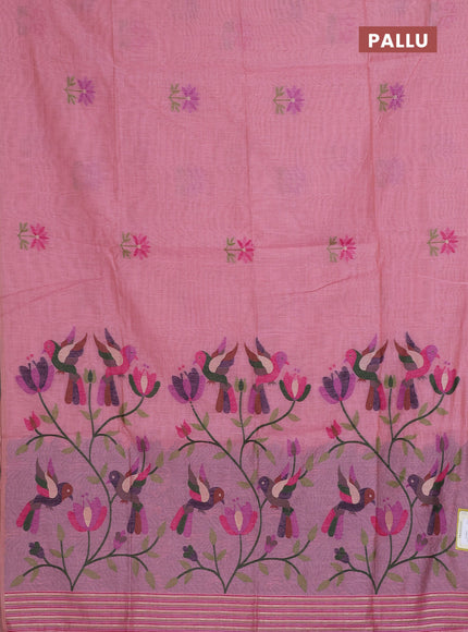 Munga cotton saree peach pink with thread woven floral buttas and thread weaving pallu