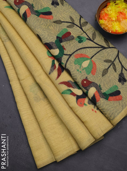 Munga cotton saree yellow with thread woven floral buttas and thread weaving pallu