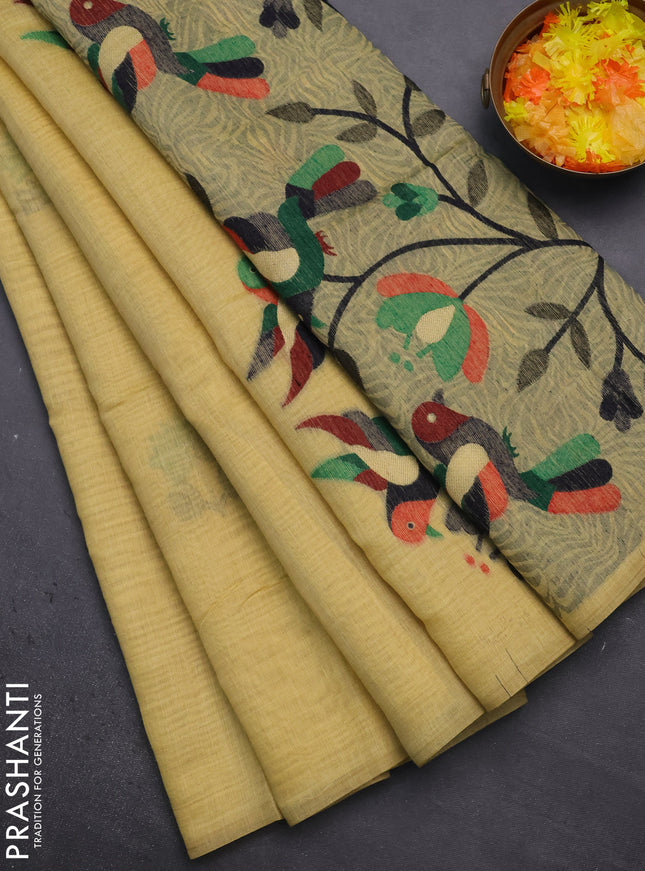 Munga cotton saree yellow with thread woven floral buttas and thread weaving pallu