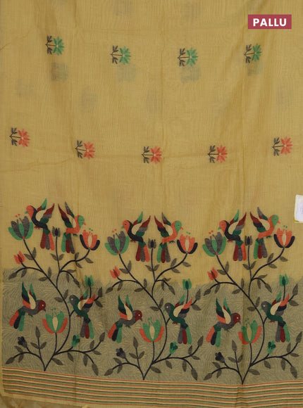 Munga cotton saree yellow with thread woven floral buttas and thread weaving pallu