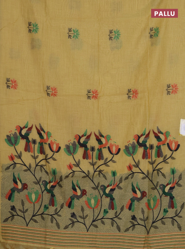 Munga cotton saree yellow with thread woven floral buttas and thread weaving pallu