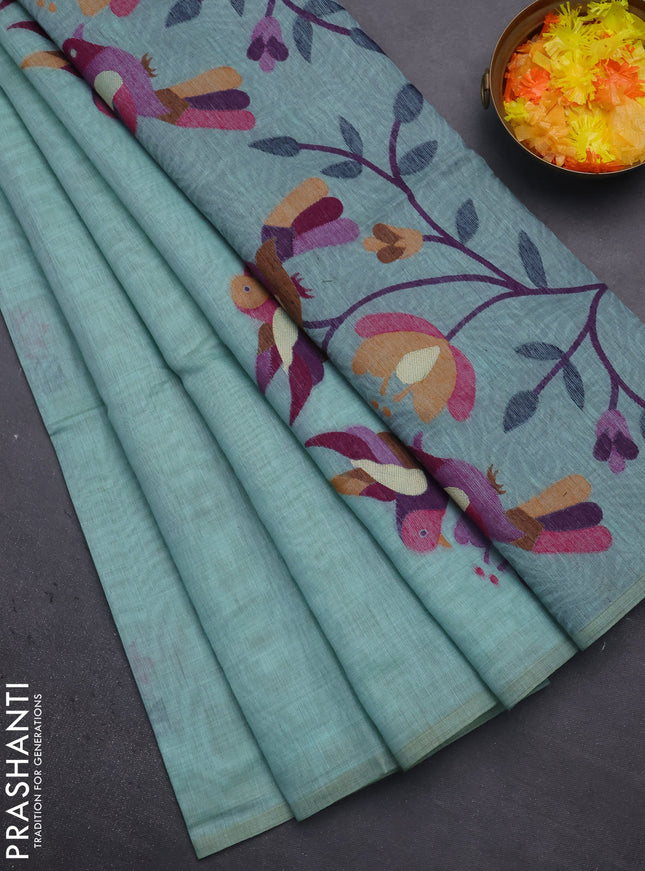 Munga cotton saree teal blue with thread woven floral buttas and thread weaving pallu