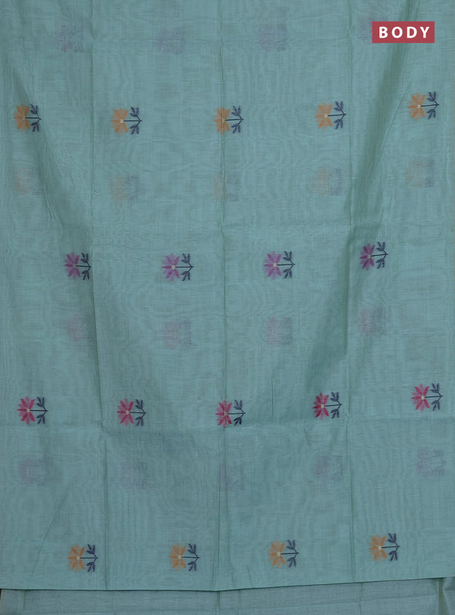 Munga cotton saree teal blue with thread woven floral buttas and thread weaving pallu