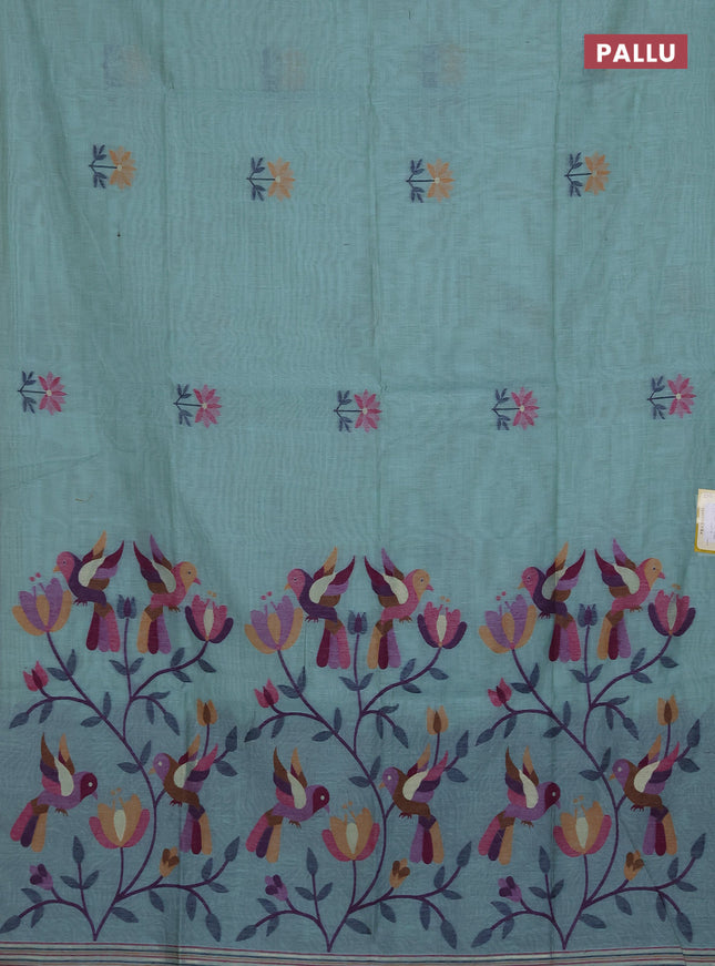 Munga cotton saree teal blue with thread woven floral buttas and thread weaving pallu