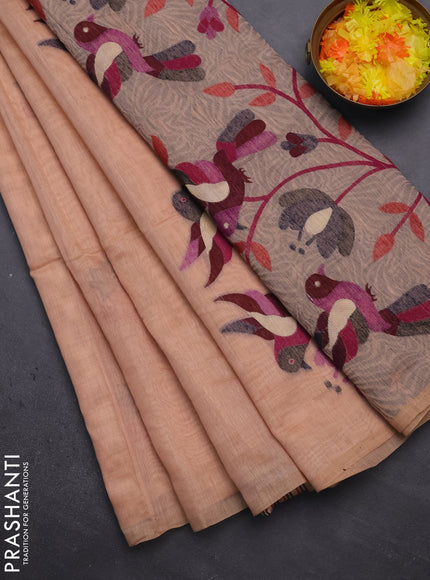 Munga cotton saree peach orange with thread woven floral buttas and thread weaving pallu