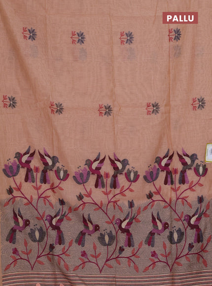 Munga cotton saree peach orange with thread woven floral buttas and thread weaving pallu