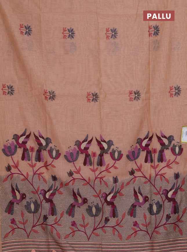 Munga cotton saree peach orange with thread woven floral buttas and thread weaving pallu