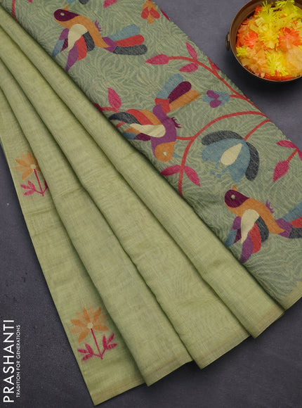 Munga cotton saree pista green with thread woven floral buttas and thread weaving pallu