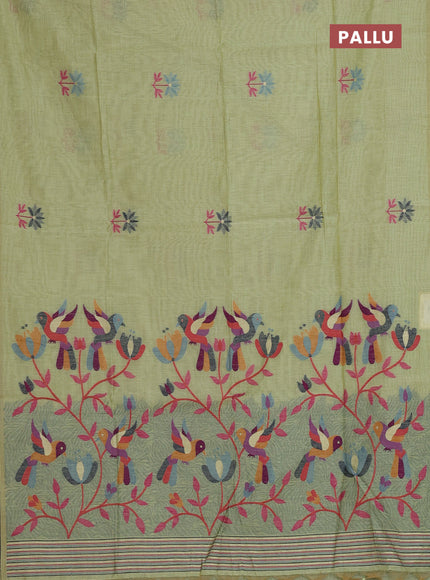 Munga cotton saree pista green with thread woven floral buttas and thread weaving pallu