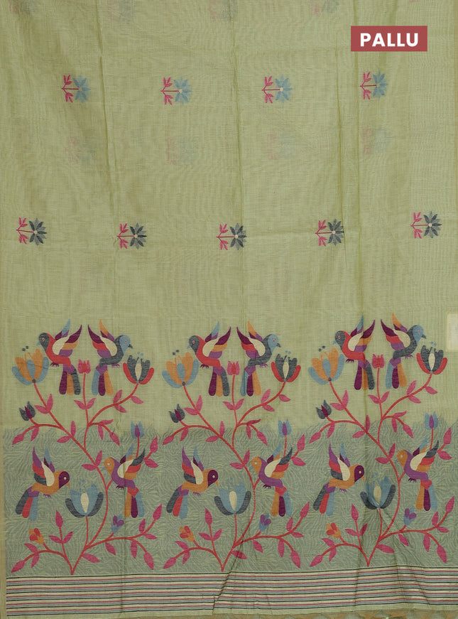 Munga cotton saree pista green with thread woven floral buttas and thread weaving pallu