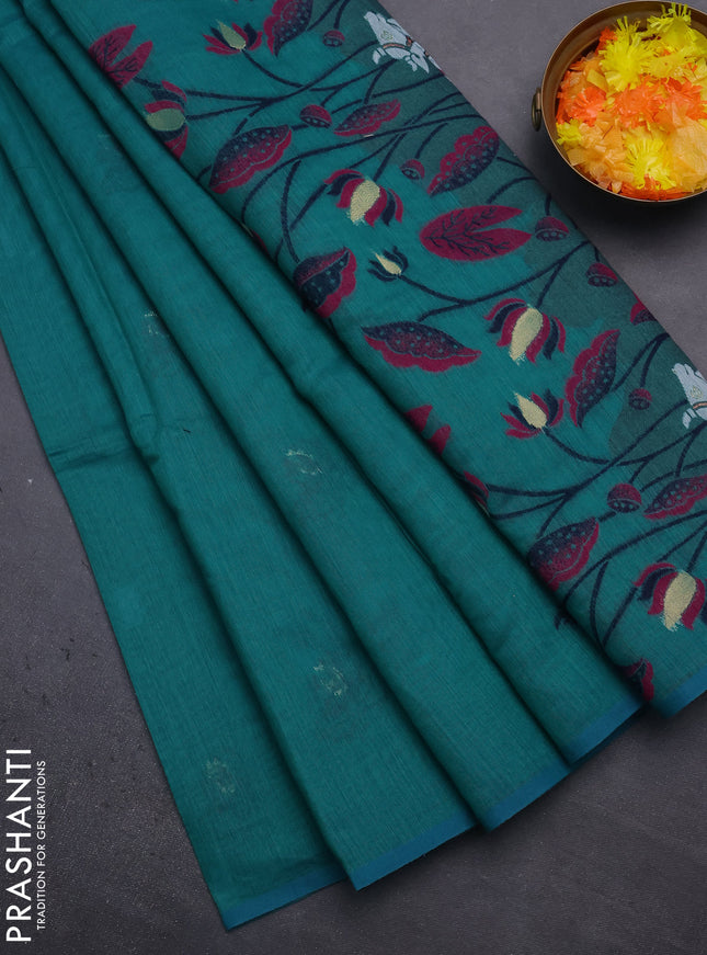 Munga cotton saree teal green with thread woven floral buttas and pichwai weaving pallu