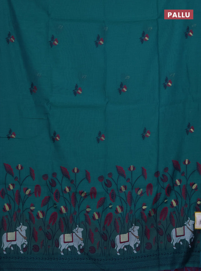 Munga cotton saree teal green with thread woven floral buttas and pichwai weaving pallu