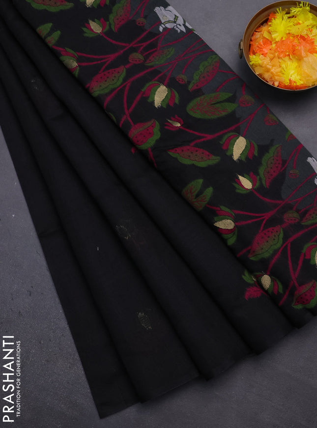 Munga cotton saree black with thread woven floral buttas and pichwai weaving pallu