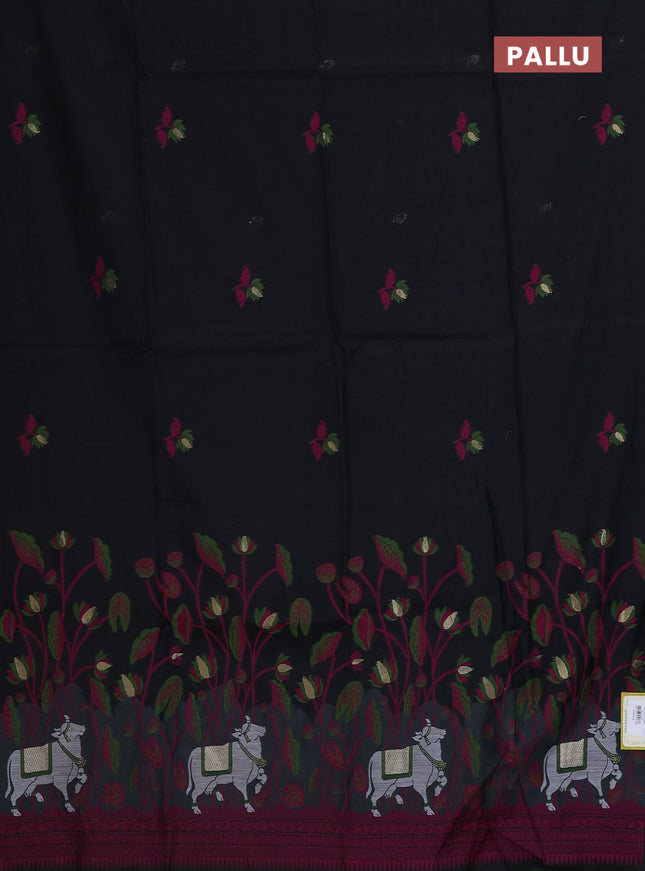 Munga cotton saree black with thread woven floral buttas and pichwai weaving pallu