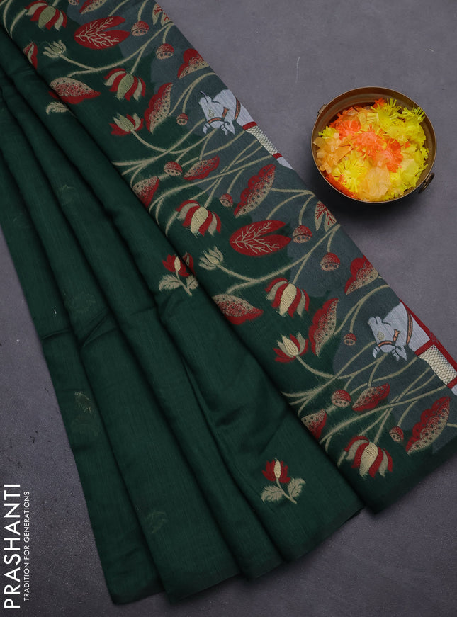 Munga cotton saree bottle green and maroon with thread woven floral buttas and pichwai weaving pallu