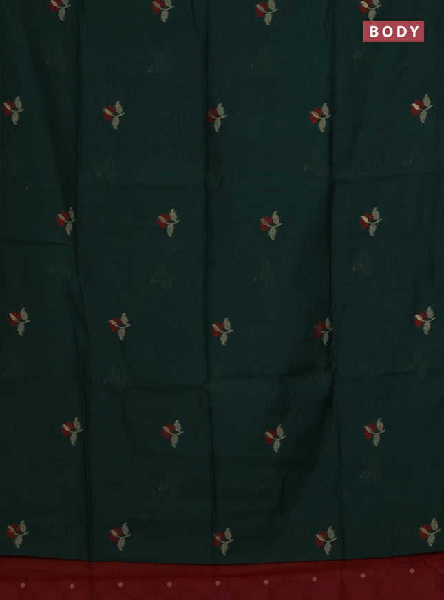 Munga cotton saree bottle green and maroon with thread woven floral buttas and pichwai weaving pallu