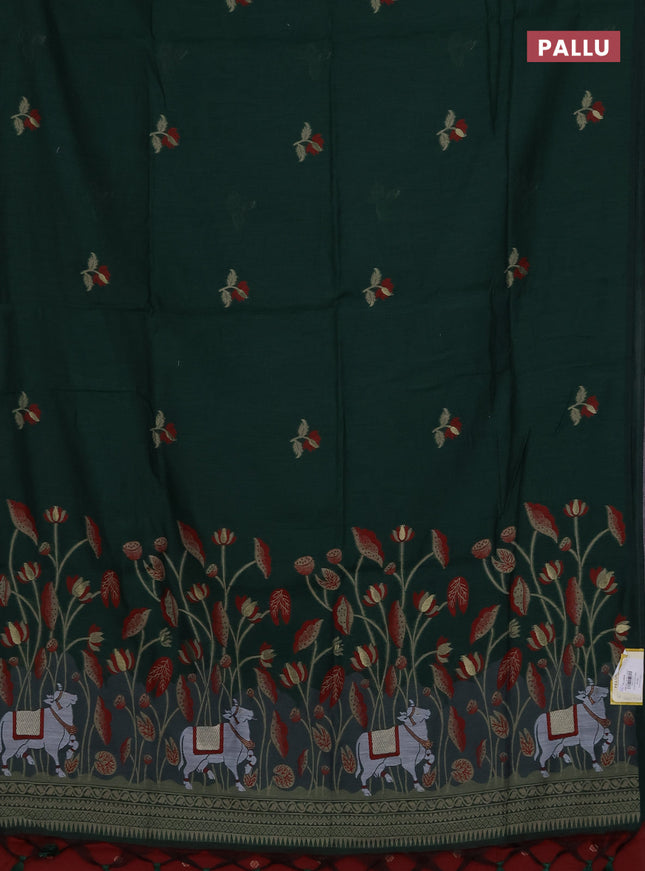 Munga cotton saree bottle green and maroon with thread woven floral buttas and pichwai weaving pallu
