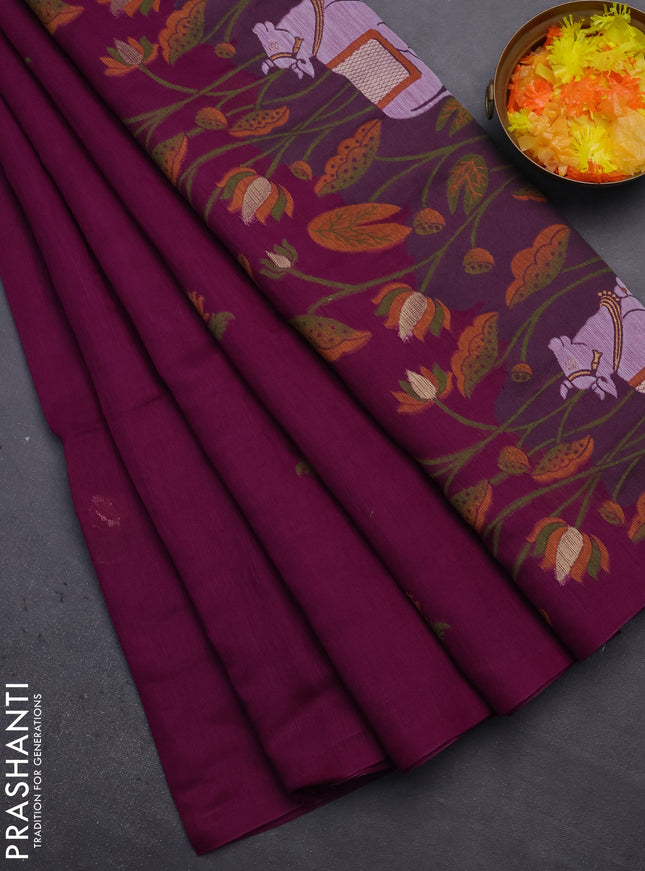 Munga cotton saree purple with thread woven floral buttas and pichwai weaving pallu