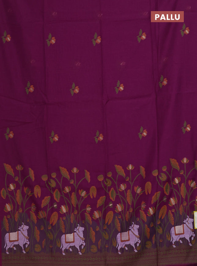 Munga cotton saree purple with thread woven floral buttas and pichwai weaving pallu