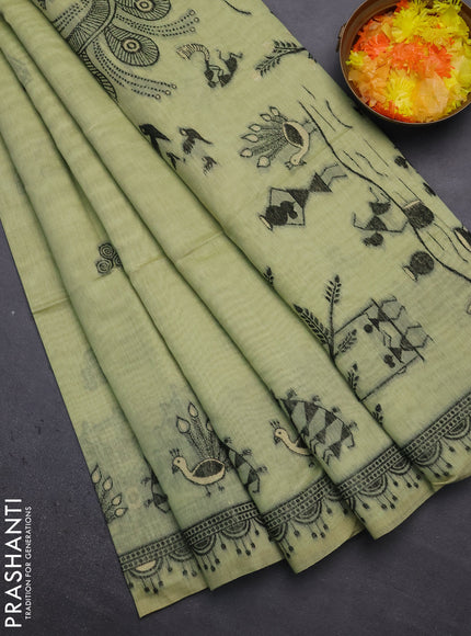 Munga cotton saree pista green with thread woven buttas and thread woven border