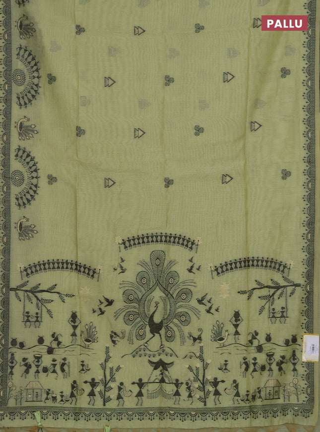 Munga cotton saree pista green with thread woven buttas and thread woven border