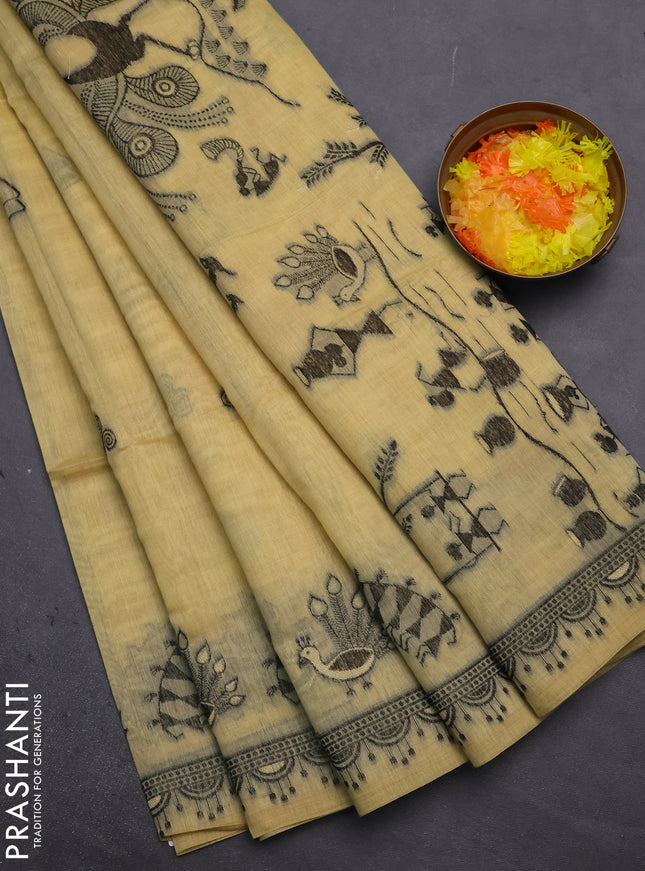 Munga cotton saree yellow with thread woven buttas and thread woven border