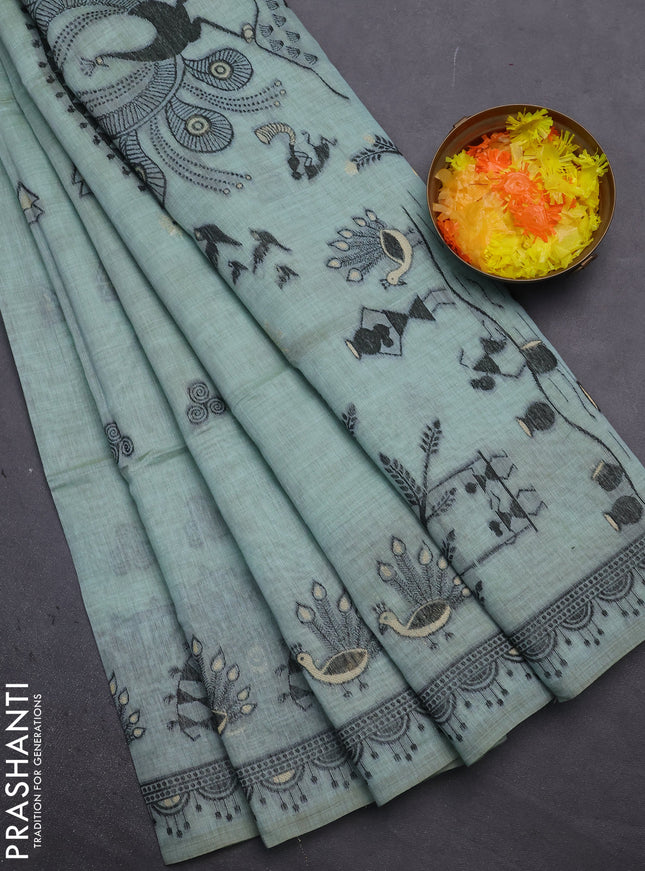 Munga cotton saree teal blue with thread woven buttas and thread woven border