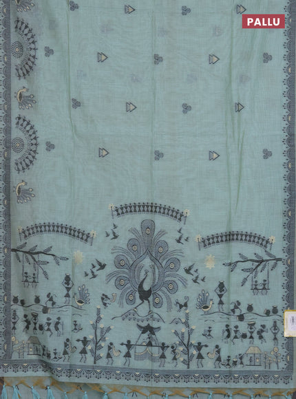 Munga cotton saree teal blue with thread woven buttas and thread woven border