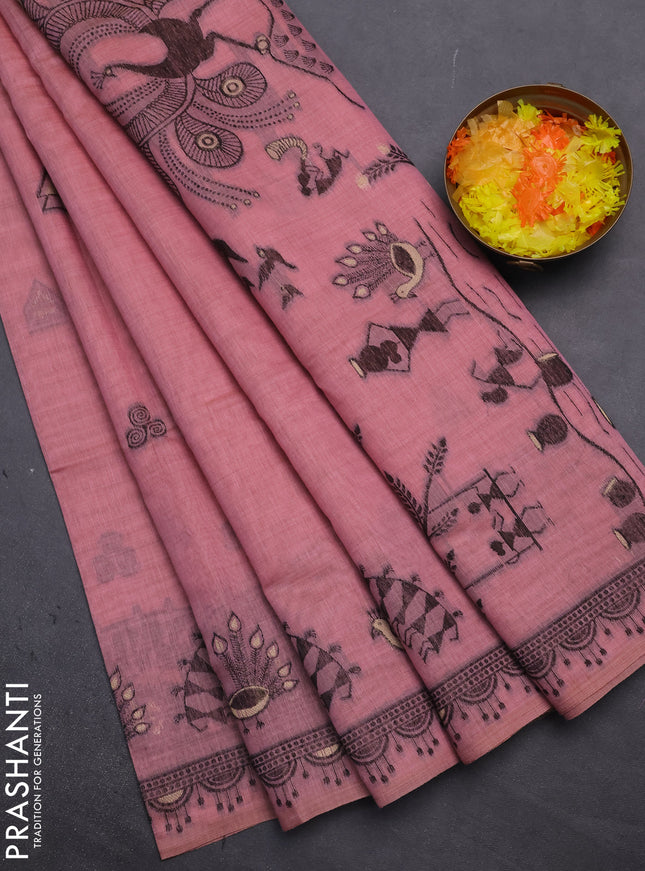 Munga cotton saree peach pink with thread woven buttas and thread woven border