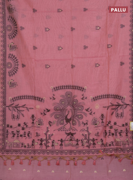 Munga cotton saree peach pink with thread woven buttas and thread woven border