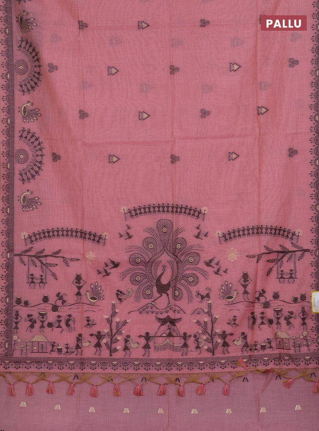 Munga cotton saree peach pink with thread woven buttas and thread woven border