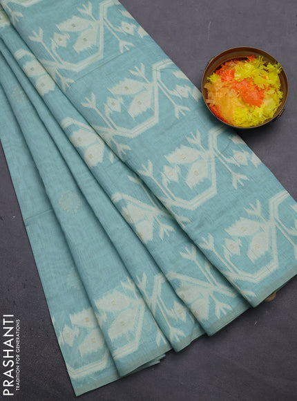 Munga cotton saree teal blue with thread weaves in borderless style