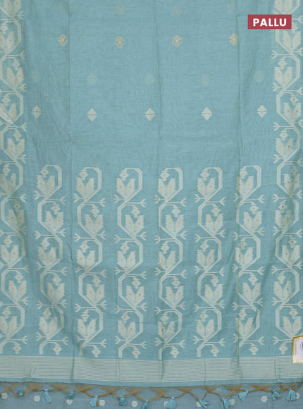 Munga cotton saree teal blue with thread weaves in borderless style
