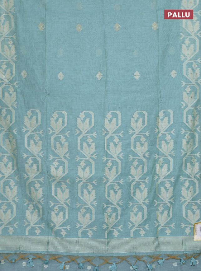 Munga cotton saree teal blue with thread weaves in borderless style