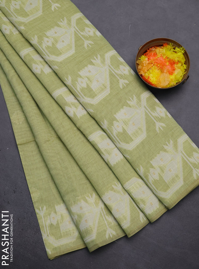 Munga cotton saree pista green with thread weaves in borderless style