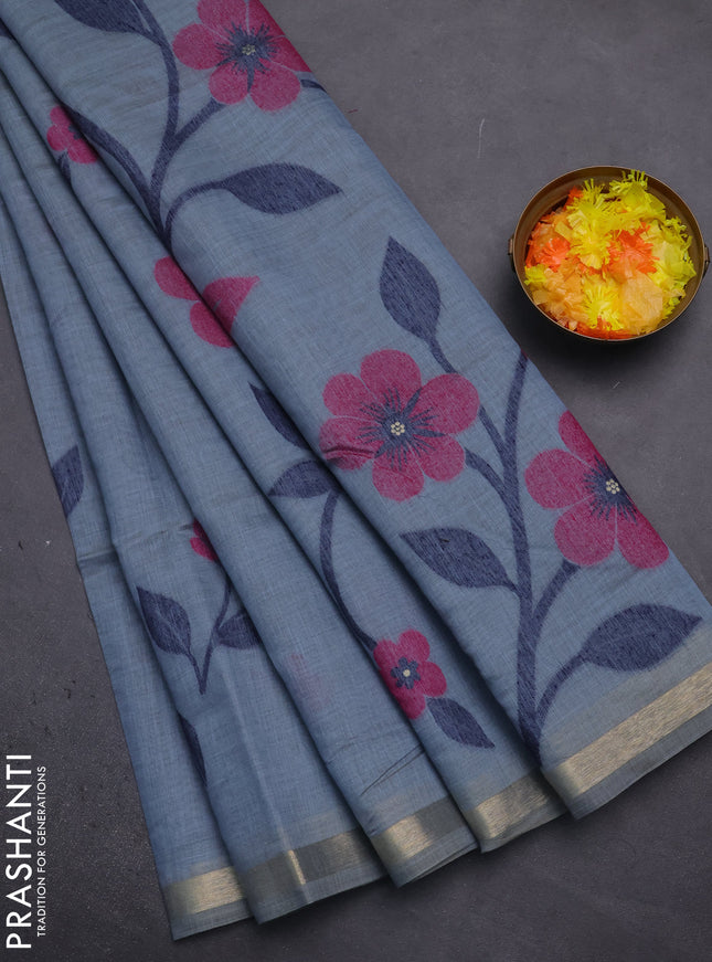 Munga cotton saree pastel blue and pink with thread woven floral buttas and thread woven border