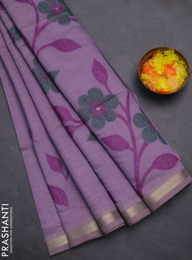 Munga cotton saree lavender and green with thread woven floral buttas and thread woven border