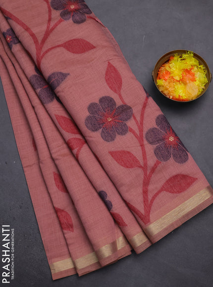 Munga cotton saree peach shade and navy blue with thread woven floral buttas and thread woven border