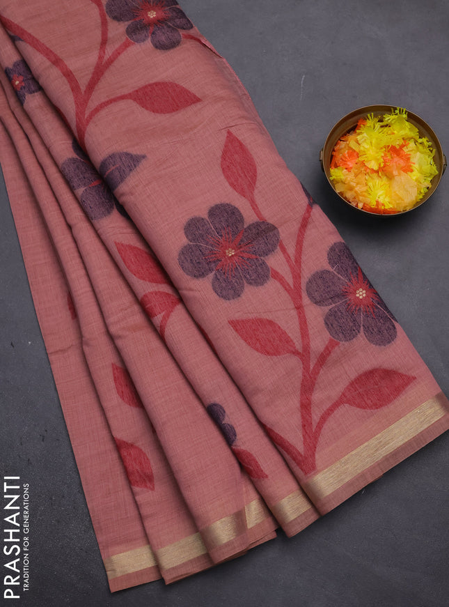 Munga cotton saree peach shade and navy blue with thread woven floral buttas and thread woven border