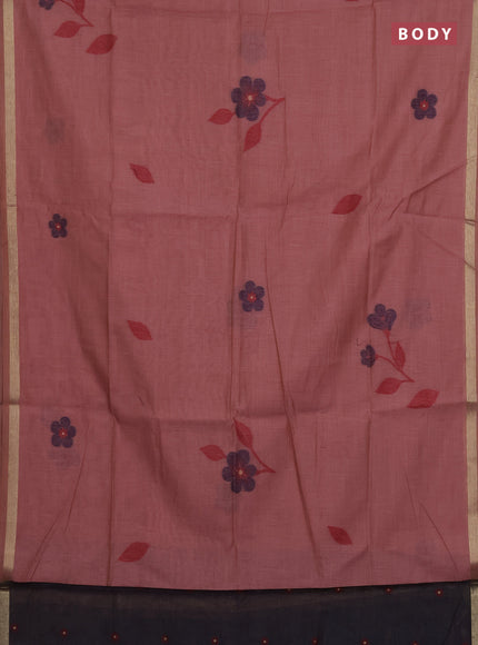Munga cotton saree peach shade and navy blue with thread woven floral buttas and thread woven border