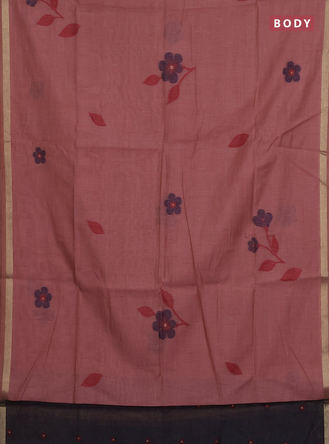 Munga cotton saree peach shade and navy blue with thread woven floral buttas and thread woven border