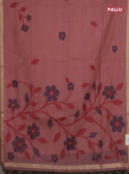 Munga cotton saree peach shade and navy blue with thread woven floral buttas and thread woven border