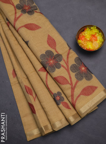 Munga cotton saree sandal and navy blue with thread woven floral buttas and thread woven border