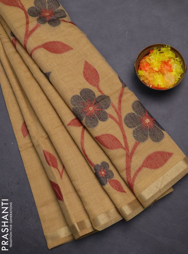 Munga cotton saree sandal and navy blue with thread woven floral buttas and thread woven border