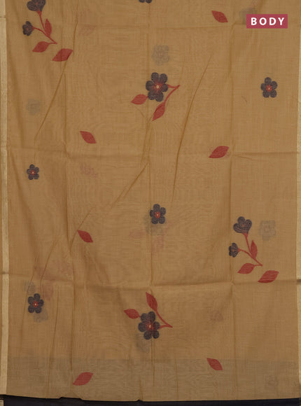 Munga cotton saree sandal and navy blue with thread woven floral buttas and thread woven border