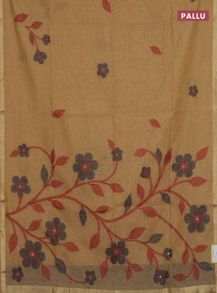 Munga cotton saree sandal and navy blue with thread woven floral buttas and thread woven border