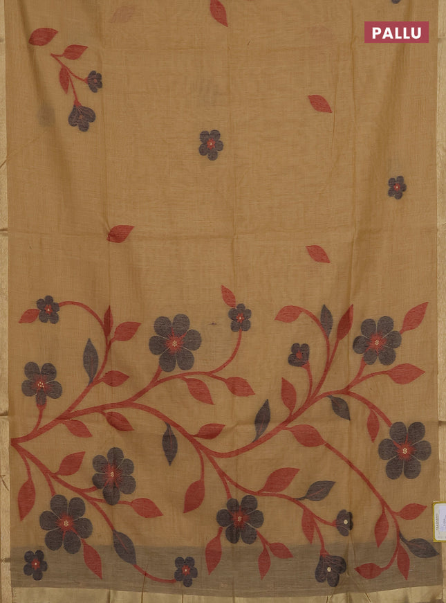 Munga cotton saree sandal and navy blue with thread woven floral buttas and thread woven border