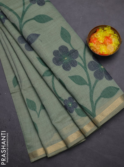 Munga cotton saree pastel green and navy blue with thread woven floral buttas and thread woven border