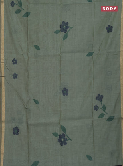 Munga cotton saree pastel green and navy blue with thread woven floral buttas and thread woven border