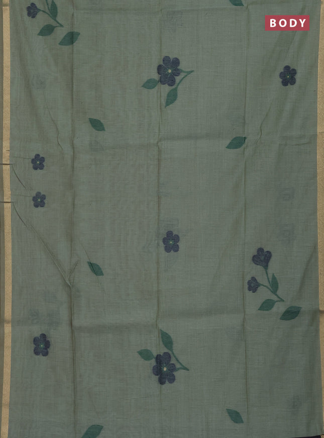 Munga cotton saree pastel green and navy blue with thread woven floral buttas and thread woven border